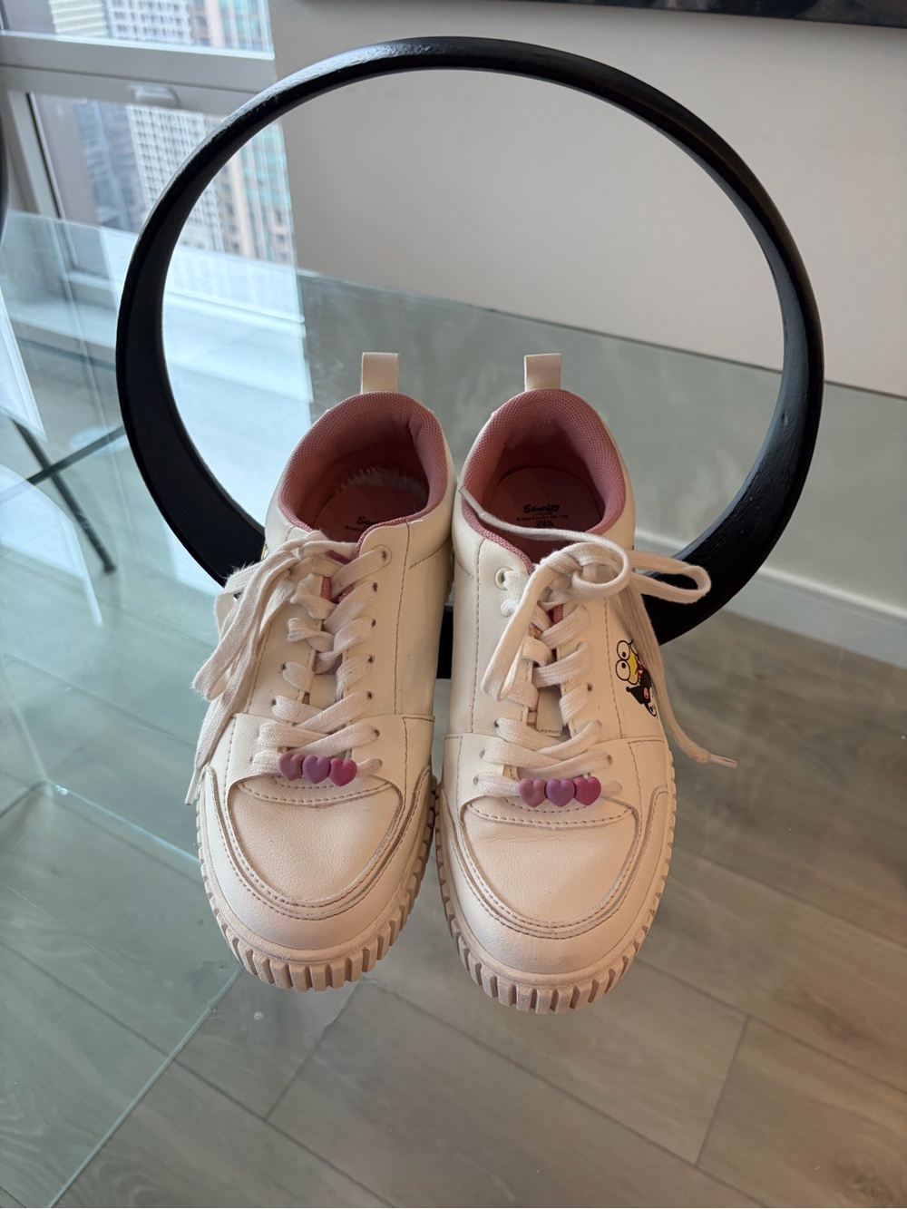 Girl’s Cream and Pink Casual Sneakers - Cute Heart Accent